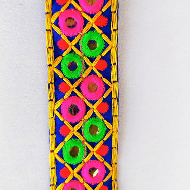 Blue Cotton Fabric Mirrored Trim With Embroidery In Fuchsia Pink, Green, Red & Yellow Threads